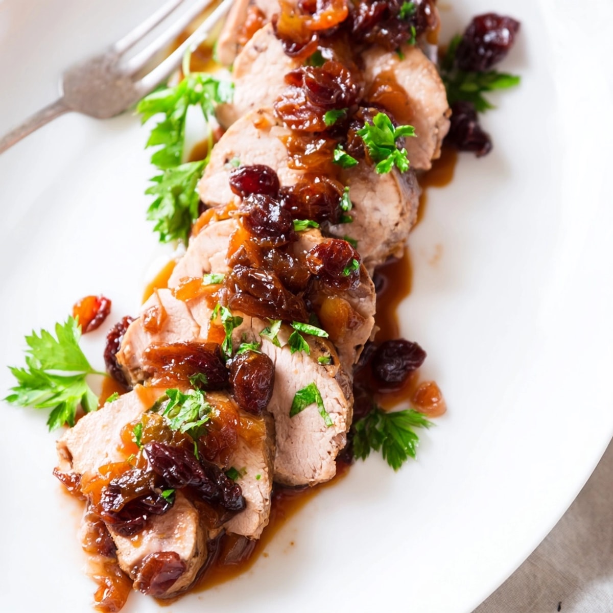 Savory Cherry-Date Glazed Pork Tenderloin Slices, plated and garnished with fresh parsley.