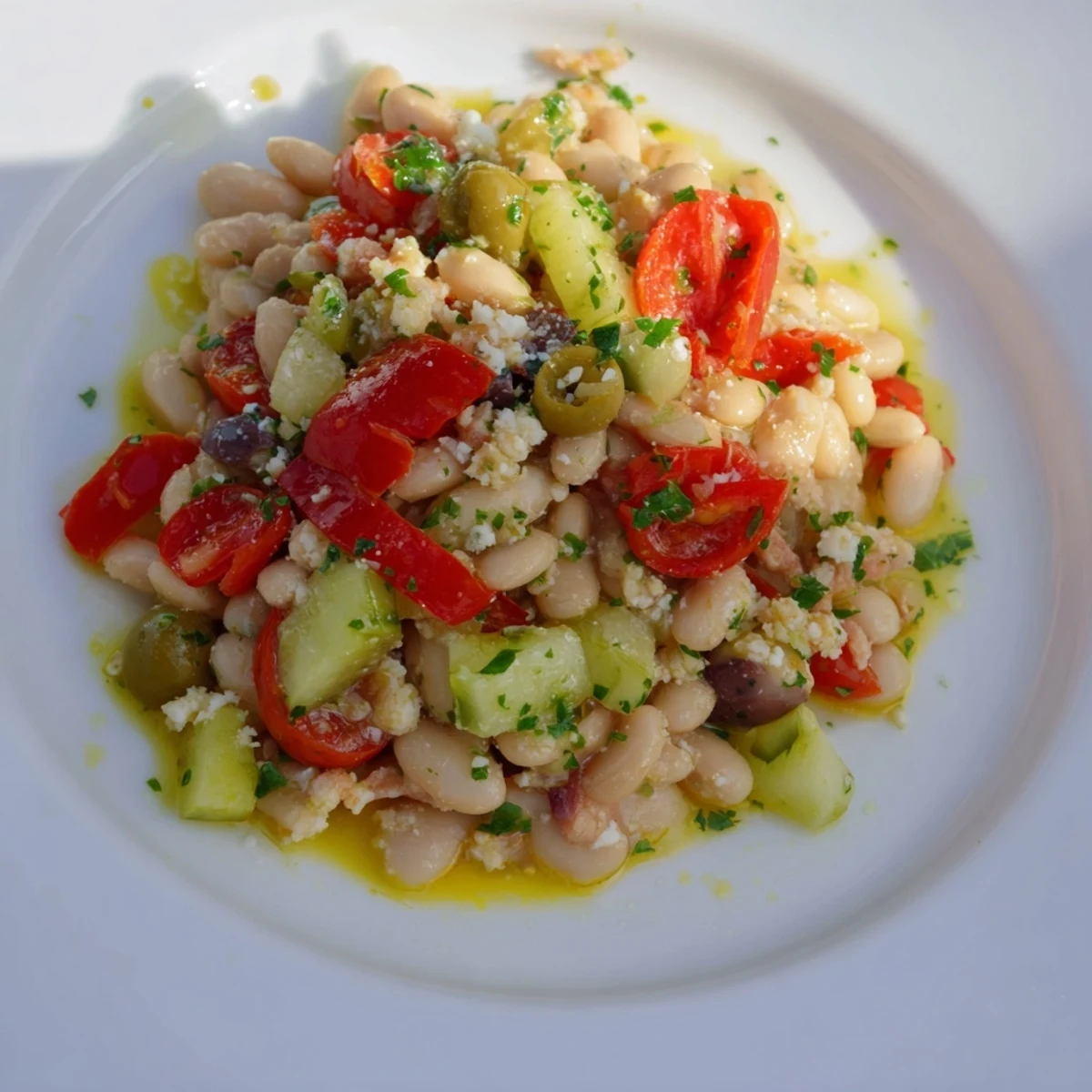 Close-up shot showing a delicious Mediterranean White Bean Salad with Feta, drizzled with lemon dressing.