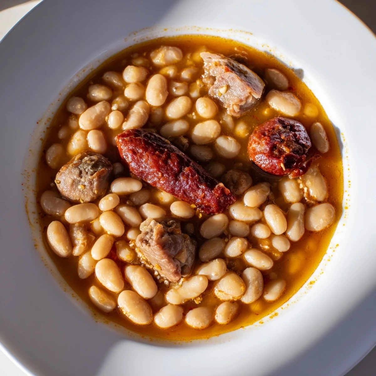 Hearty Budget Fabada Asturiana: a close-up shows rustic stew with smoky chorizo and rich broth.