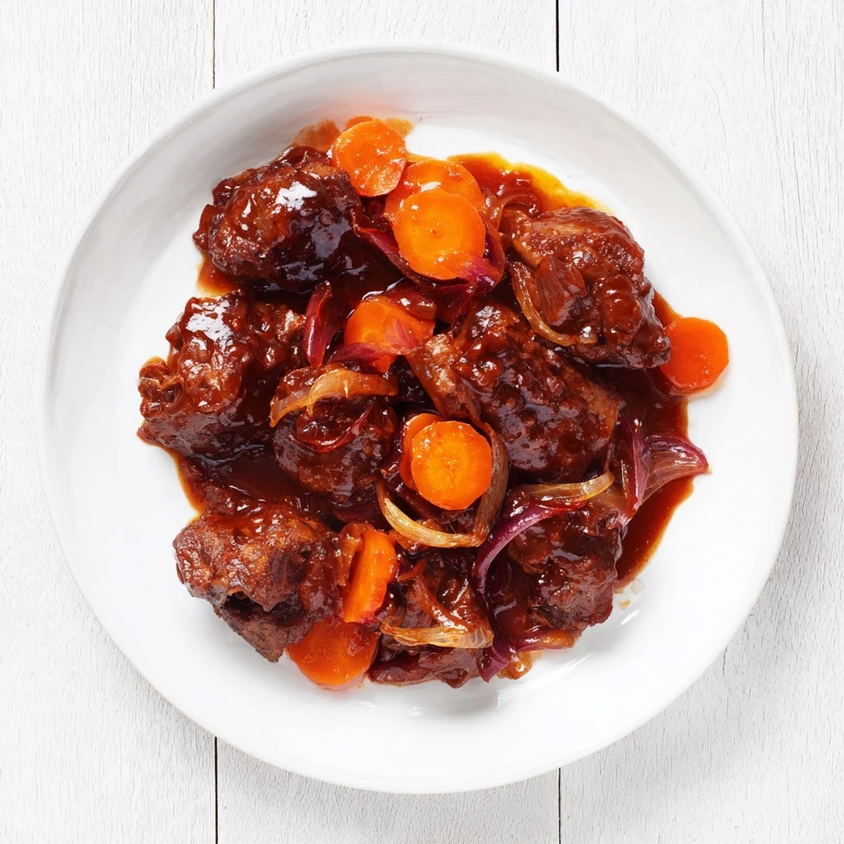 Close-up of succulent sweet and sour sauerbraten hack, tender pork smothered in a rich, tangy sauce.