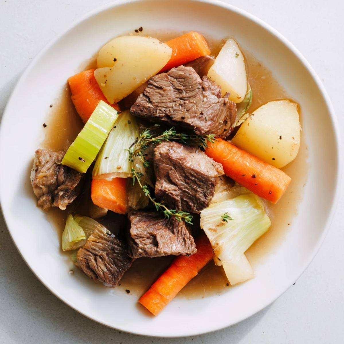 Steaming pot of Pot-au-Feu with tender beef and vibrant vegetables, ready to serve.