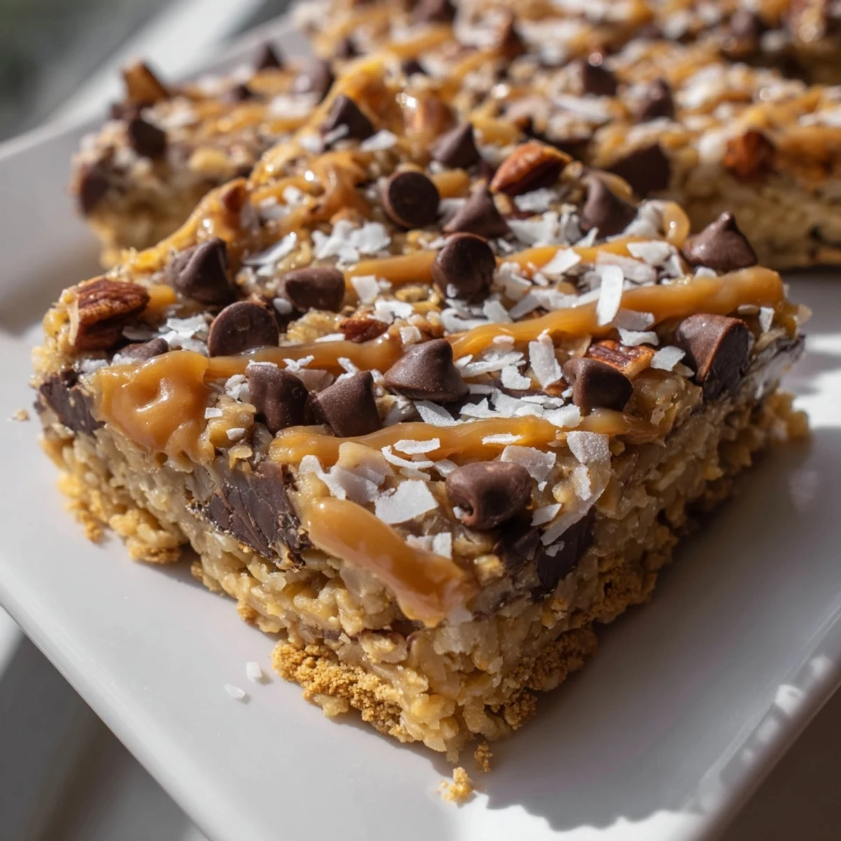 A close-up of warm, gooey 7-Layer Magic Bars topped with a creamy, salted caramel swirl inviting you.