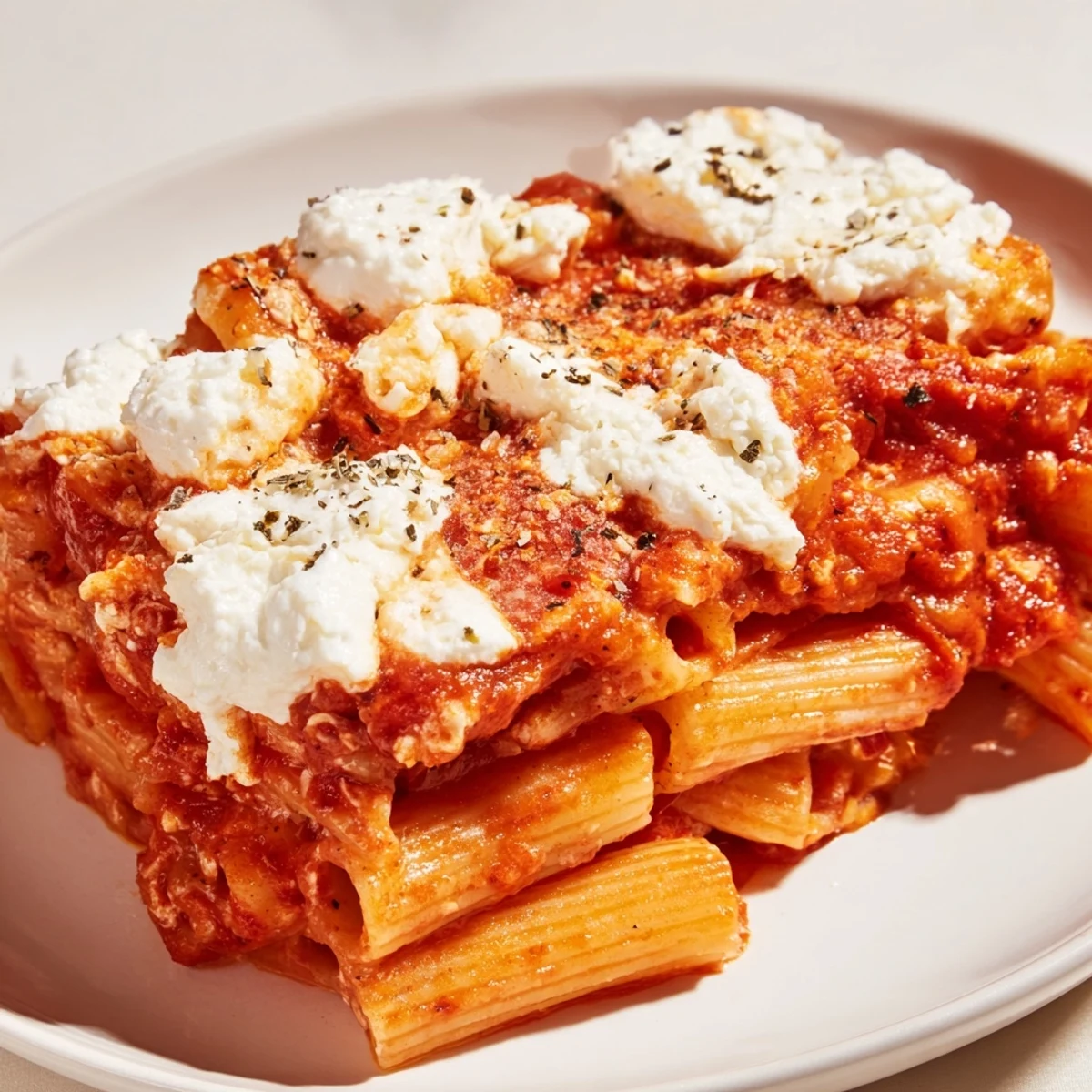 Steaming hot Slow Cooker Baked Ziti with bubbly mozzarella and ricotta, ready to serve with family.