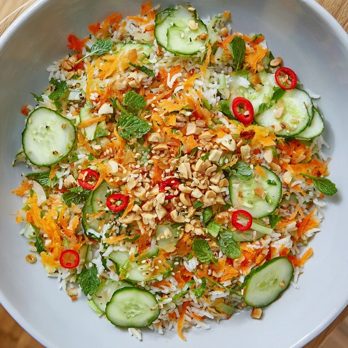 Crispy Cucumber Rice Salad with golden rice and fresh herbs, a vibrant vegetarian meal.