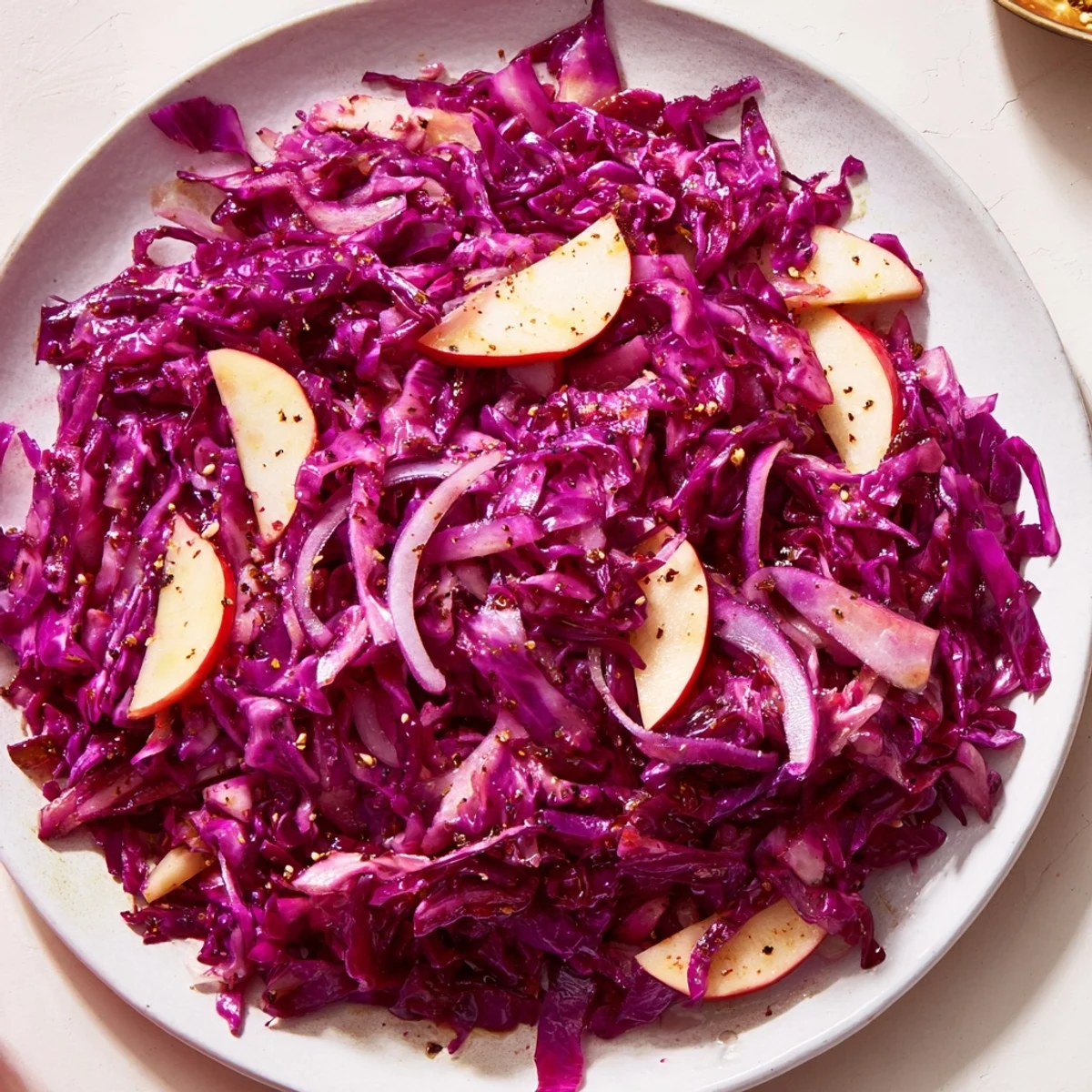 Savory image of Sweet & Sour Bavarian Red Cabbage and Apples, a colorful German side dish ready to serve.