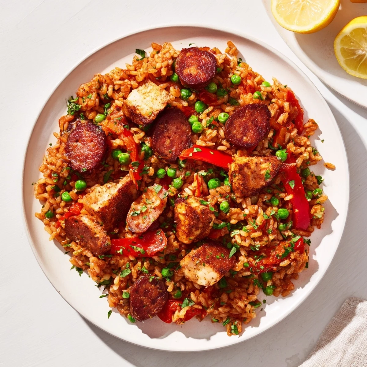 Enjoy a hearty bowl of Chicken and Chorizo Rice Skillet with fluffy rice, sprinkled with fresh parsley and a bright lemon wedge.