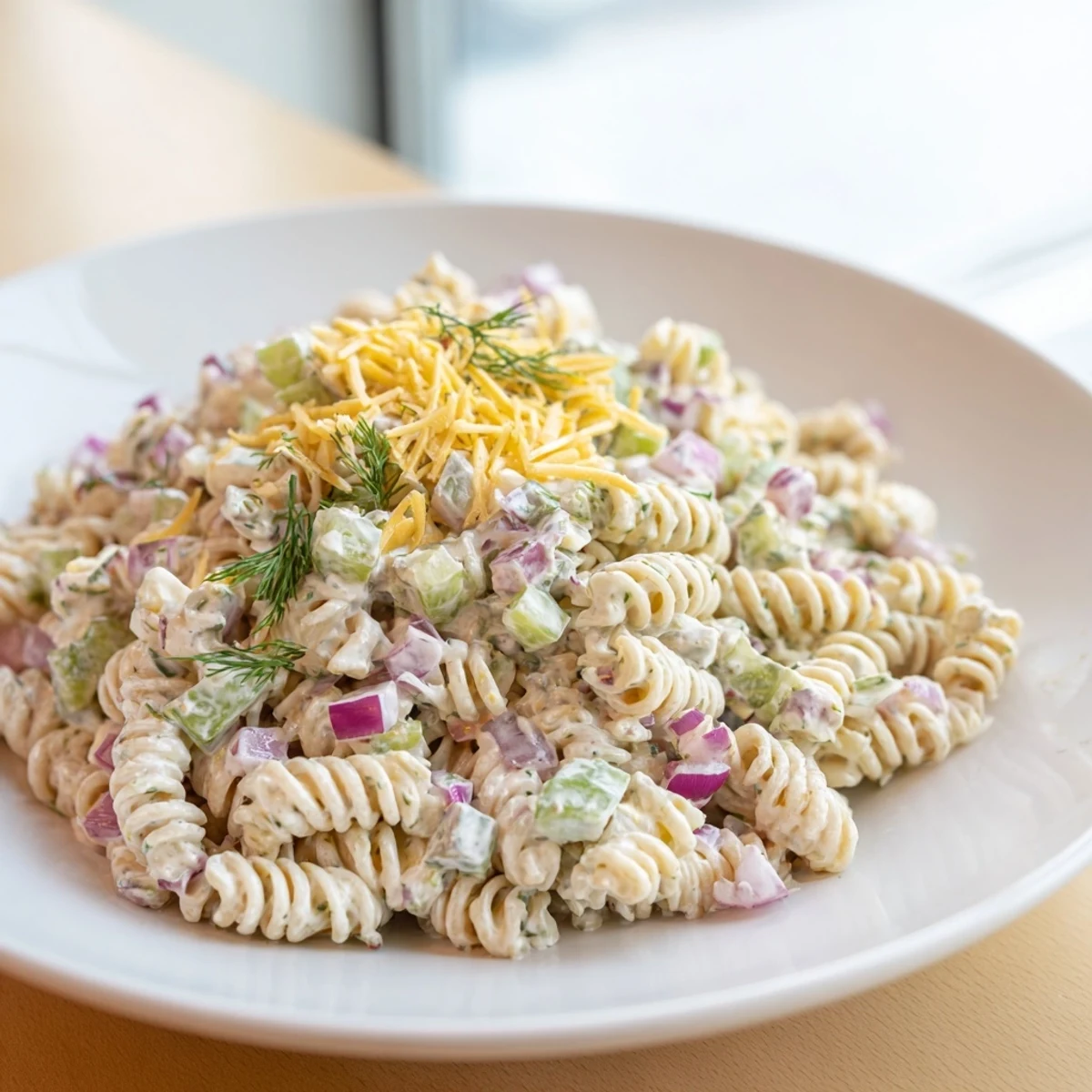 A close-up shot of refreshing Dill Pickle Pasta Salad, showcasing fresh dill and vibrant colors.