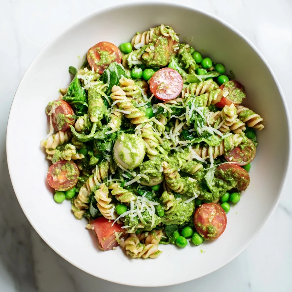 A close-up of creamy One-Pot Creamy Pesto Pea Protein Pasta swirled with pesto, ready to serve.