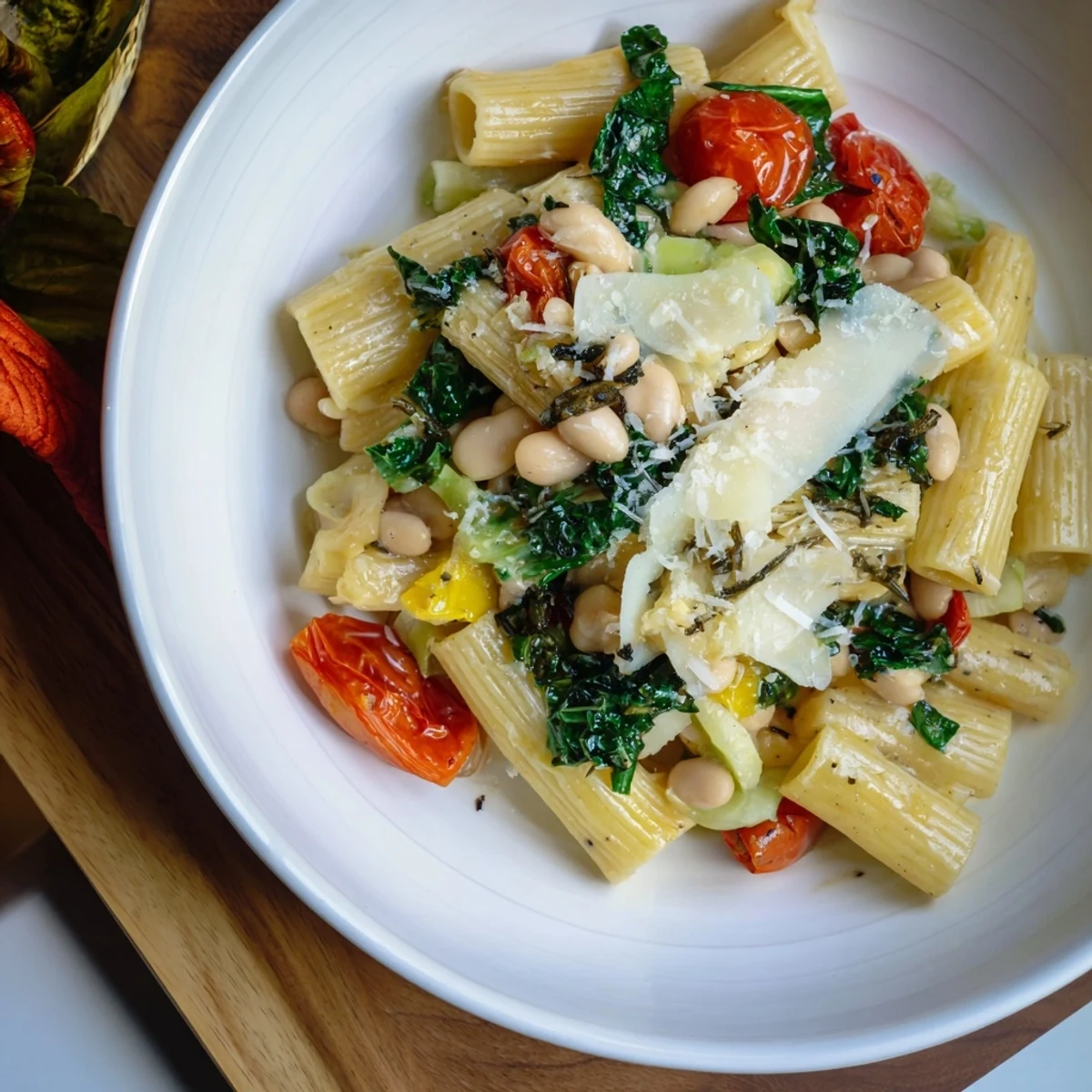 Creamy and satisfying Healthy Tuscan White Bean & Kale Christmas Pasta, ready to serve for dinner.