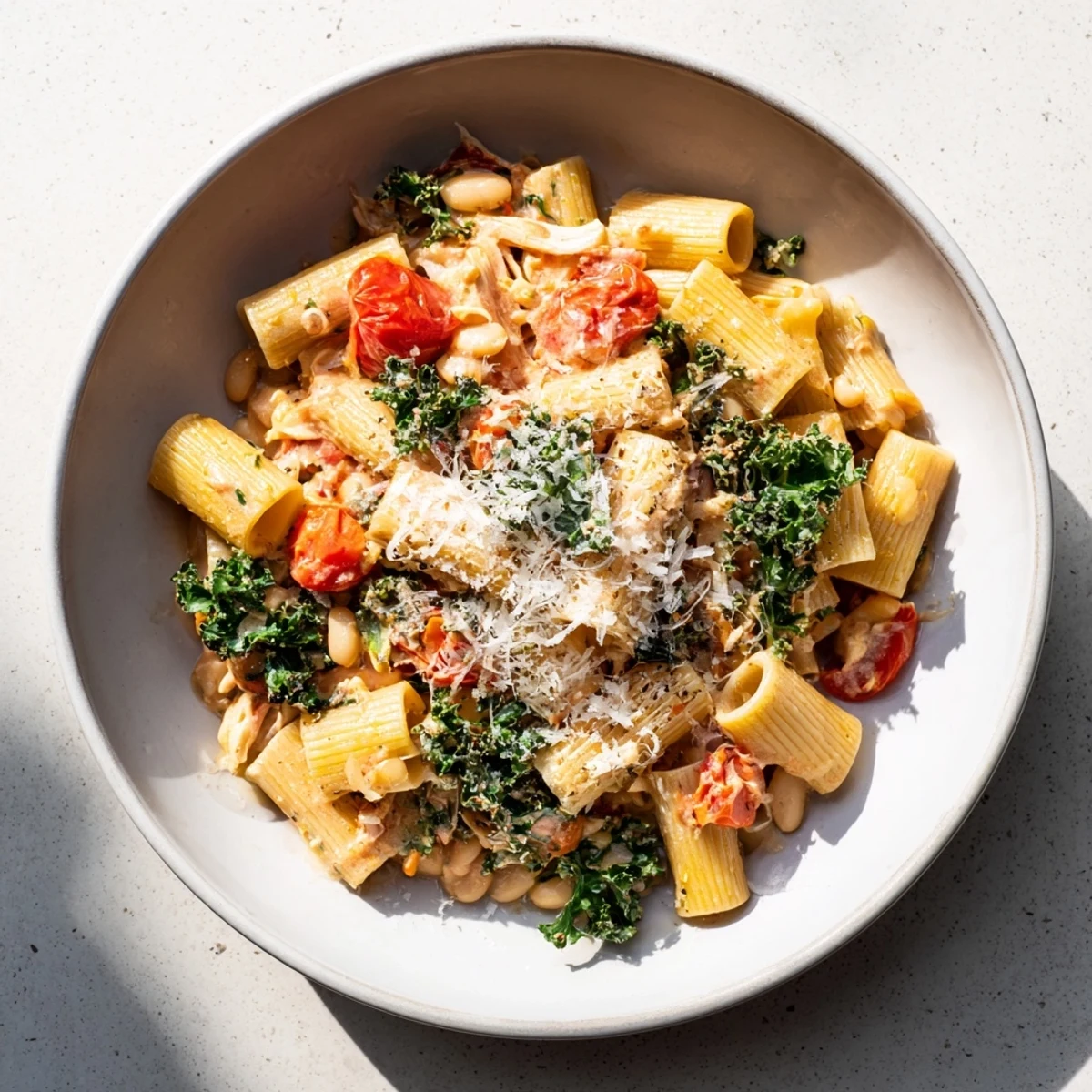 A vibrant bowl of Healthy Tuscan White Bean & Kale Christmas Pasta, topped with fresh lemon zest.