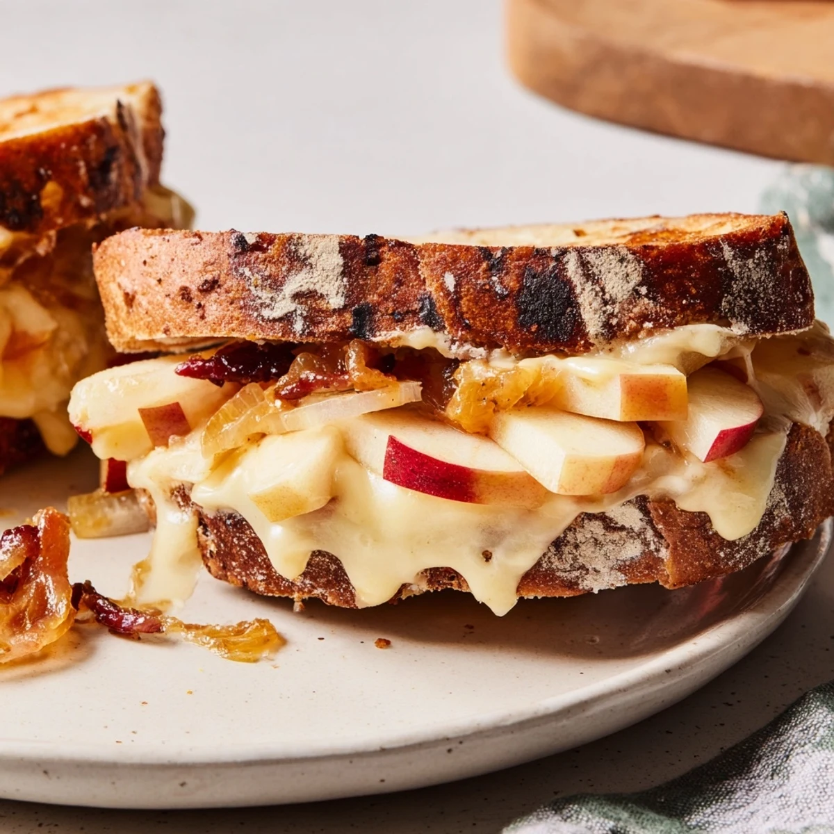 Sharp cheddar oozes from this Caramelized Onion, Apple & Cheddar Grilled Cheese, with sweet apple slices visible.