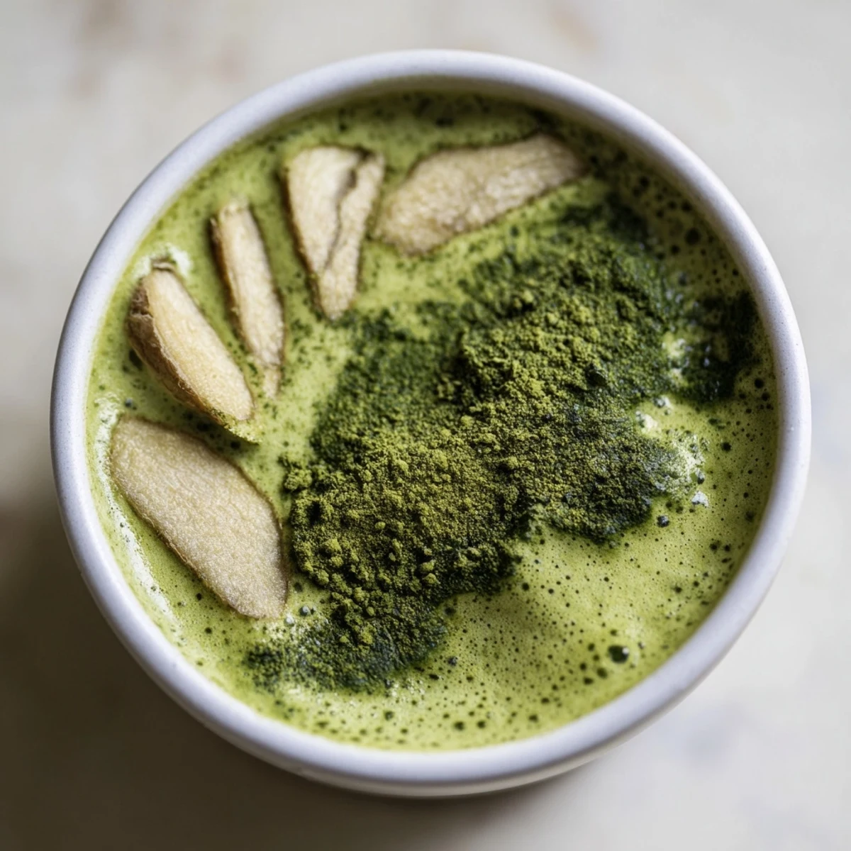 Steaming Coconut Ginger Matcha Winter Immunity Latte, a vibrant green, is perfect for a cozy winter evening.