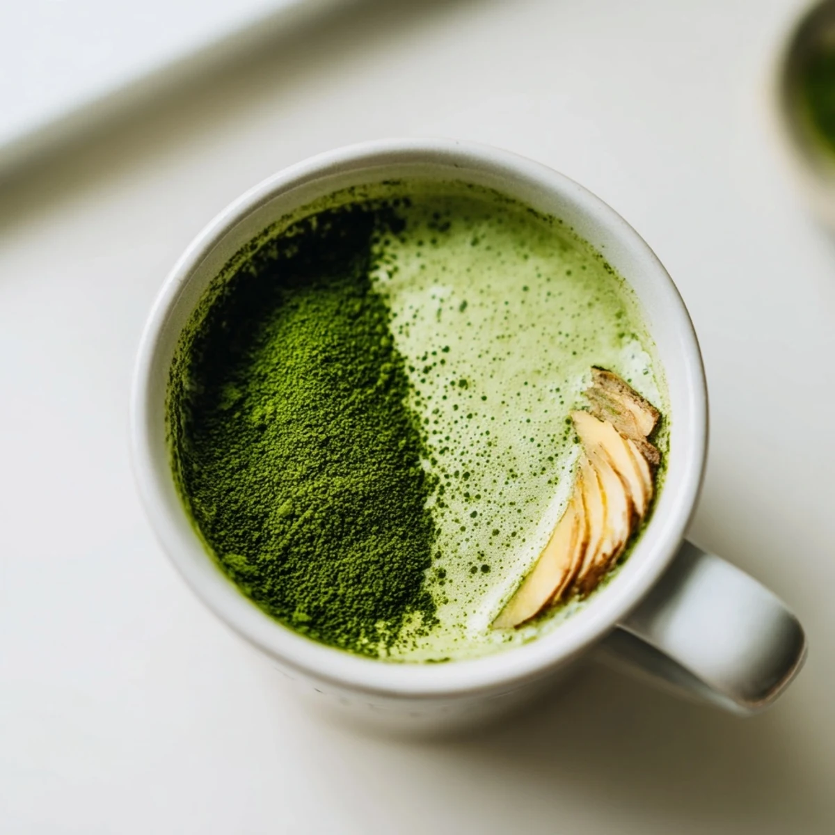 A close-up of a richly flavored Coconut Ginger Matcha Winter Immunity Latte, topped with frothy milk and matcha.