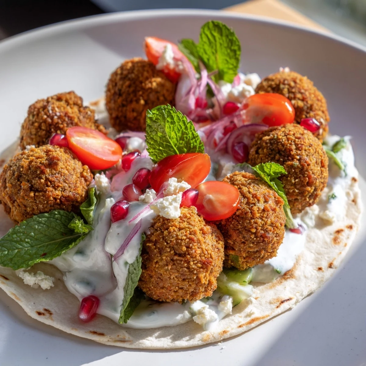 This vibrant Festive Falafel & Tzatziki Christmas Wreath Wrap shows a beautiful wreath of delicious flavors.