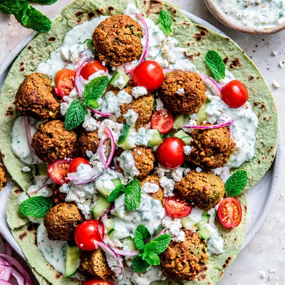 Crispy falafel and fresh tzatziki form a spectacular Festive Falafel & Tzatziki Christmas Wreath Wrap for eating.