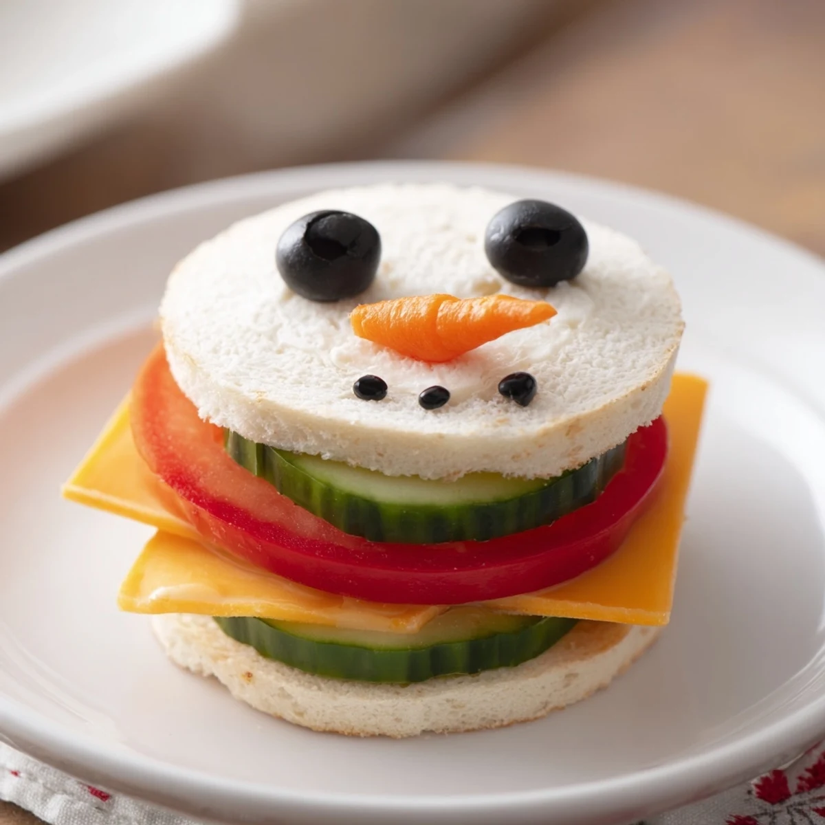 Festive Snowman Sandwich Stack, complete with olive eyes, is a fun, kid-friendly lunch option.