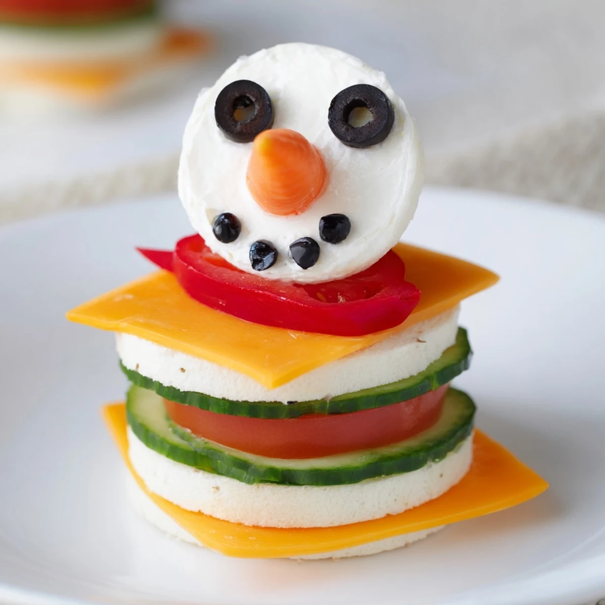 Adorable Snowman Sandwich Stack with veggie accents, a delightful winter-themed lunchtime delight for everyone.
