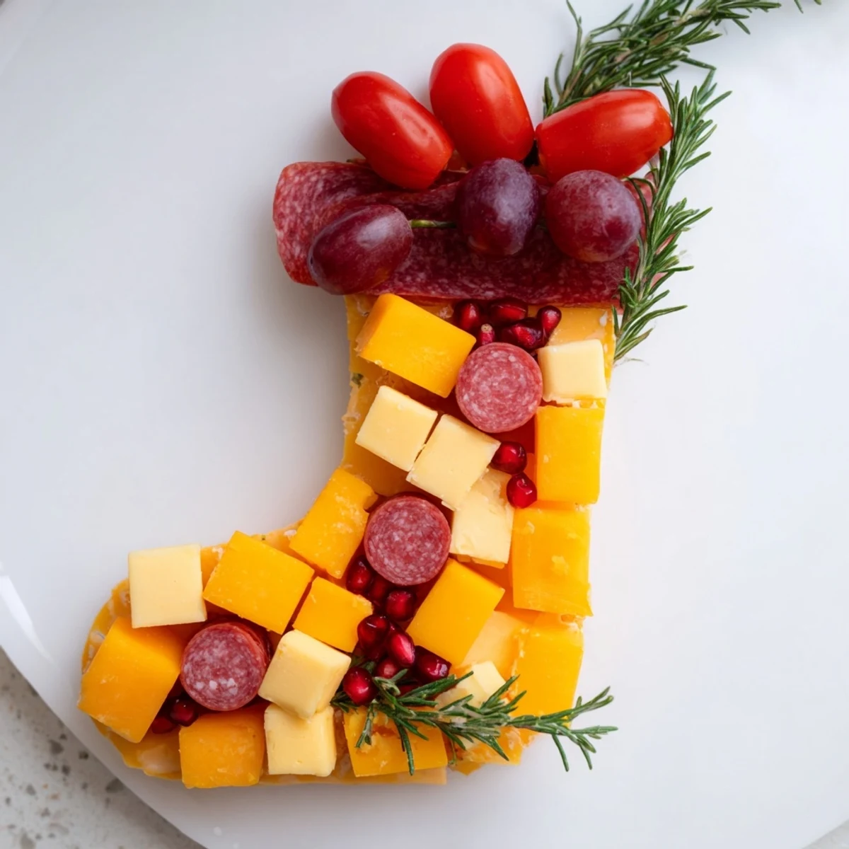 Christmas Stocking Snack Tray overflowing with colorful cheddar, grapes, and salami for a holiday appetizer.