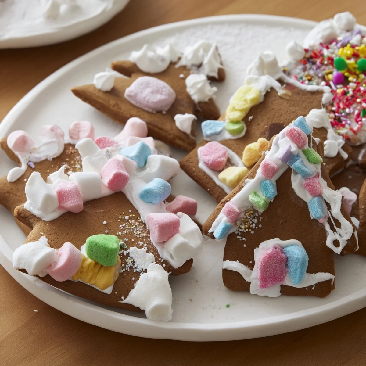 A beautifully arranged Gingerbread House Board with colorful candies and gingerbread pieces on a platter.