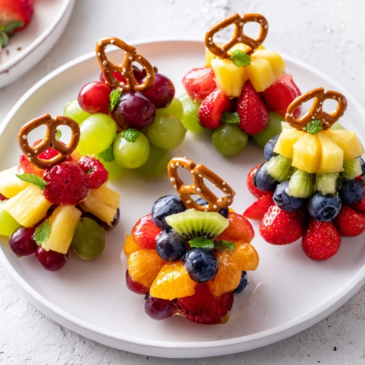 A colorful Ornament Fruit Medley, a festive dessert of fresh fruit arranged beautifully.