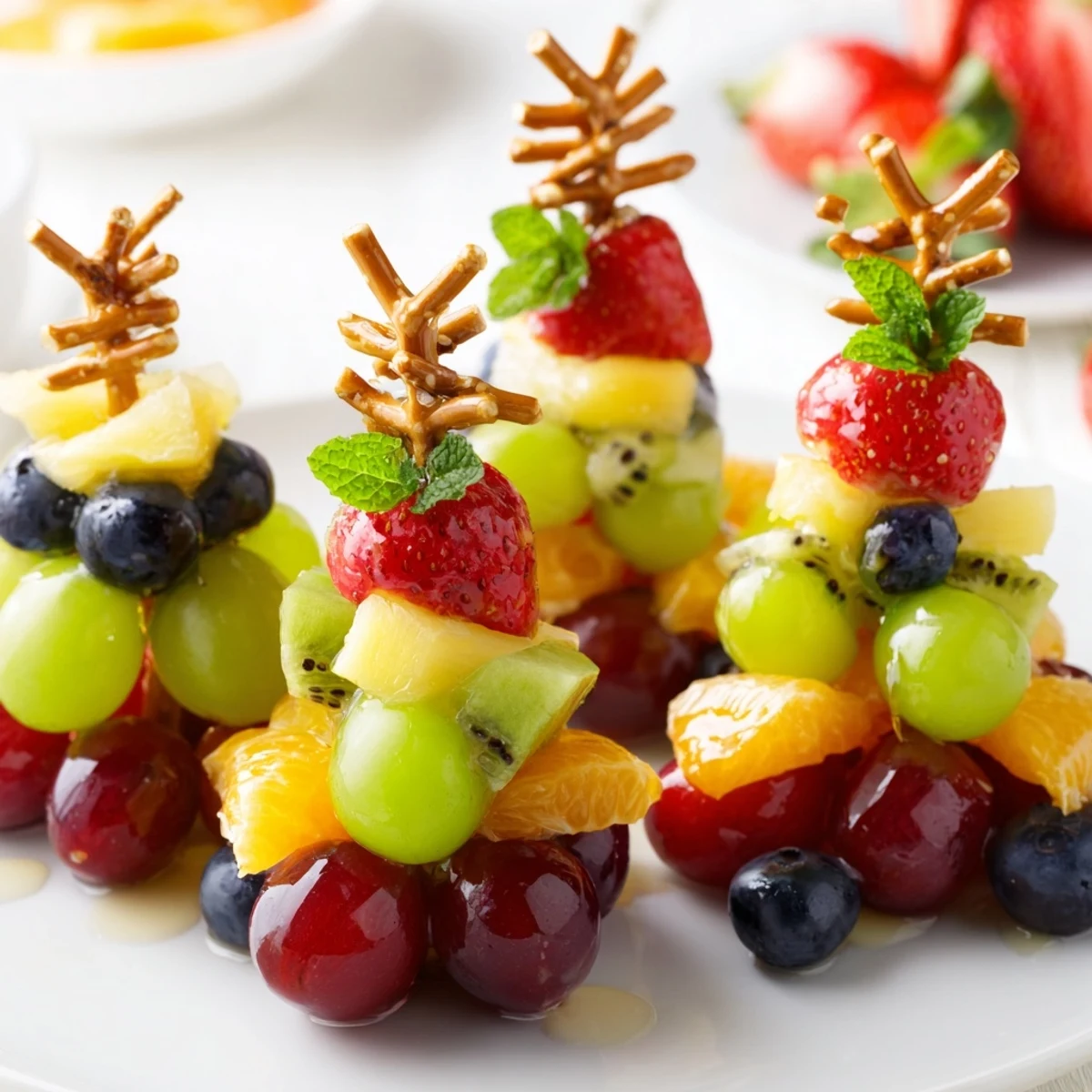 Holiday ready Ornament Fruit Medley featuring juicy fruit mounds adorned with pretzel “ornament hooks.”