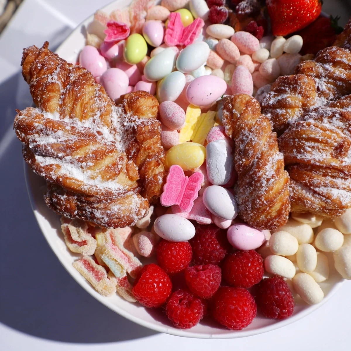 Crispy golden Angel Wings are the centerpiece on this colorful dessert board with assorted treats.