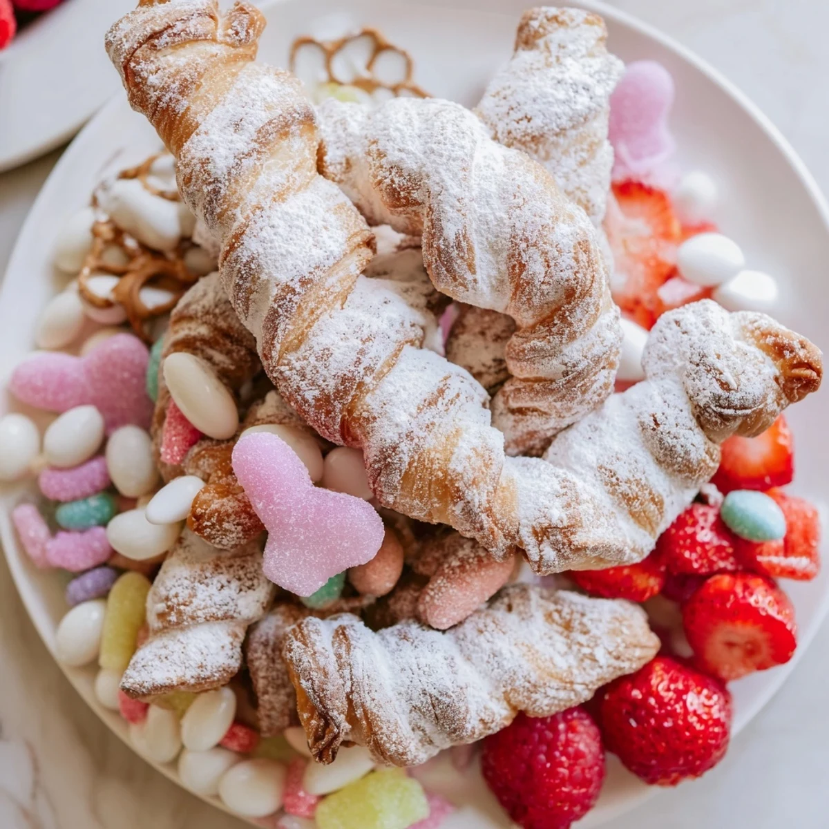 A delicious assortment forming an elaborate Angel Wings candy board with fresh fruits and sweet dips.