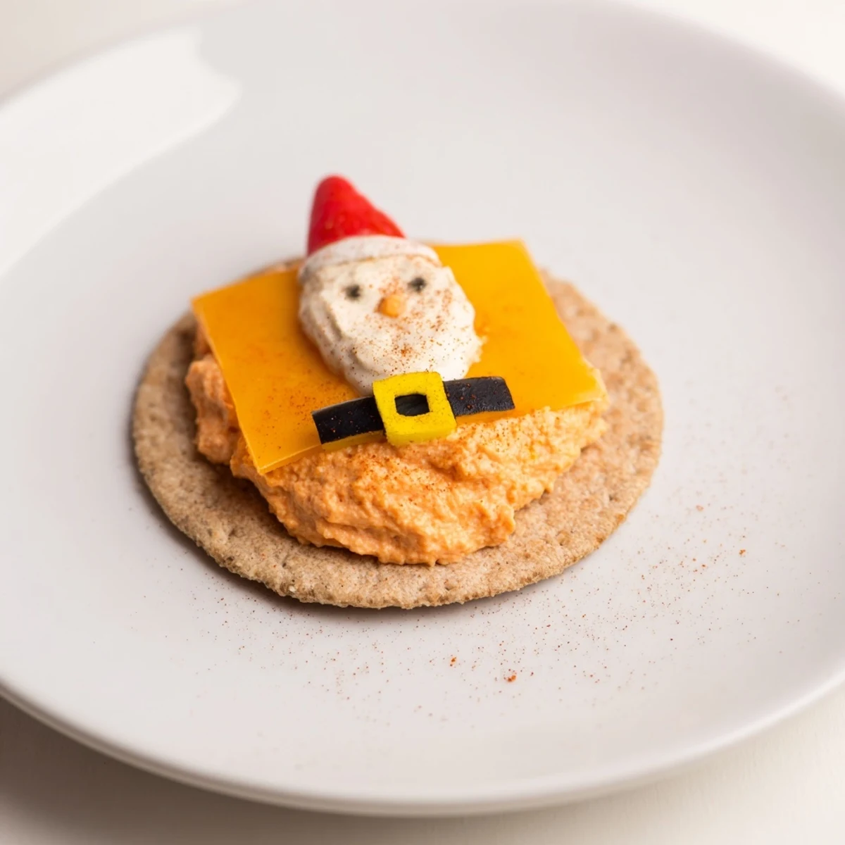 Festive Santas Belt Crackers & Dip, cheese crackers topped with creamy red pepper dip, ready to be enjoyed.