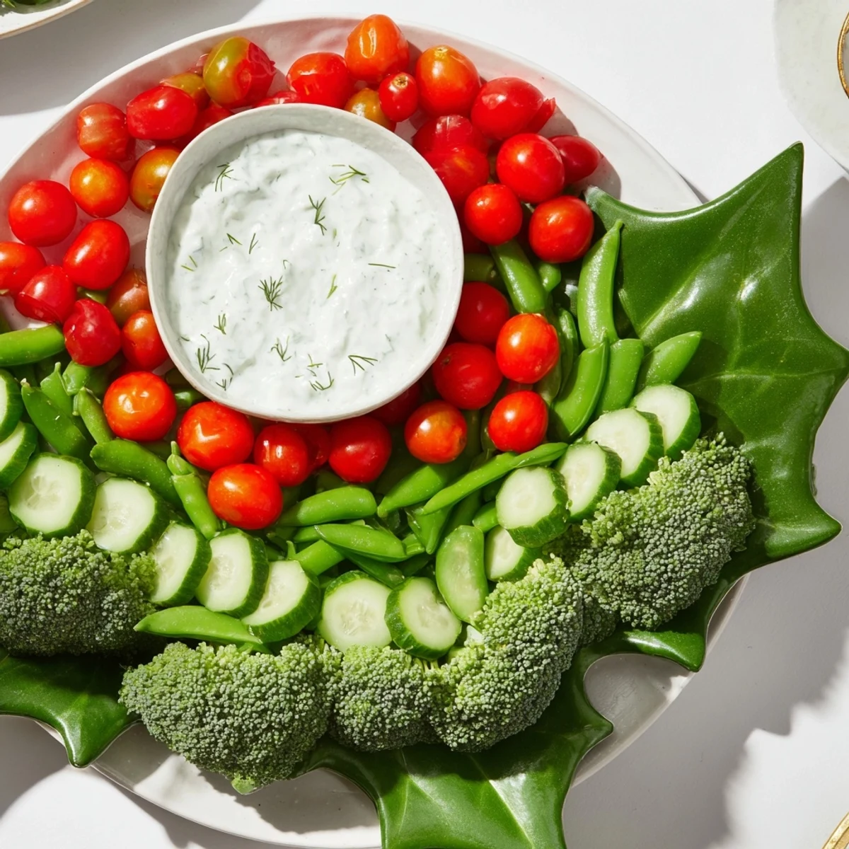 Festive Holly Leaf Veggie Board with vibrant, colorful vegetables and creamy dill dip, ready to eat.