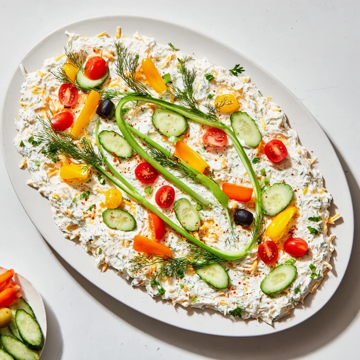 Festive Christmas Lights Appetizer Spread with colorful bell peppers and olives on a creamy cheese base.