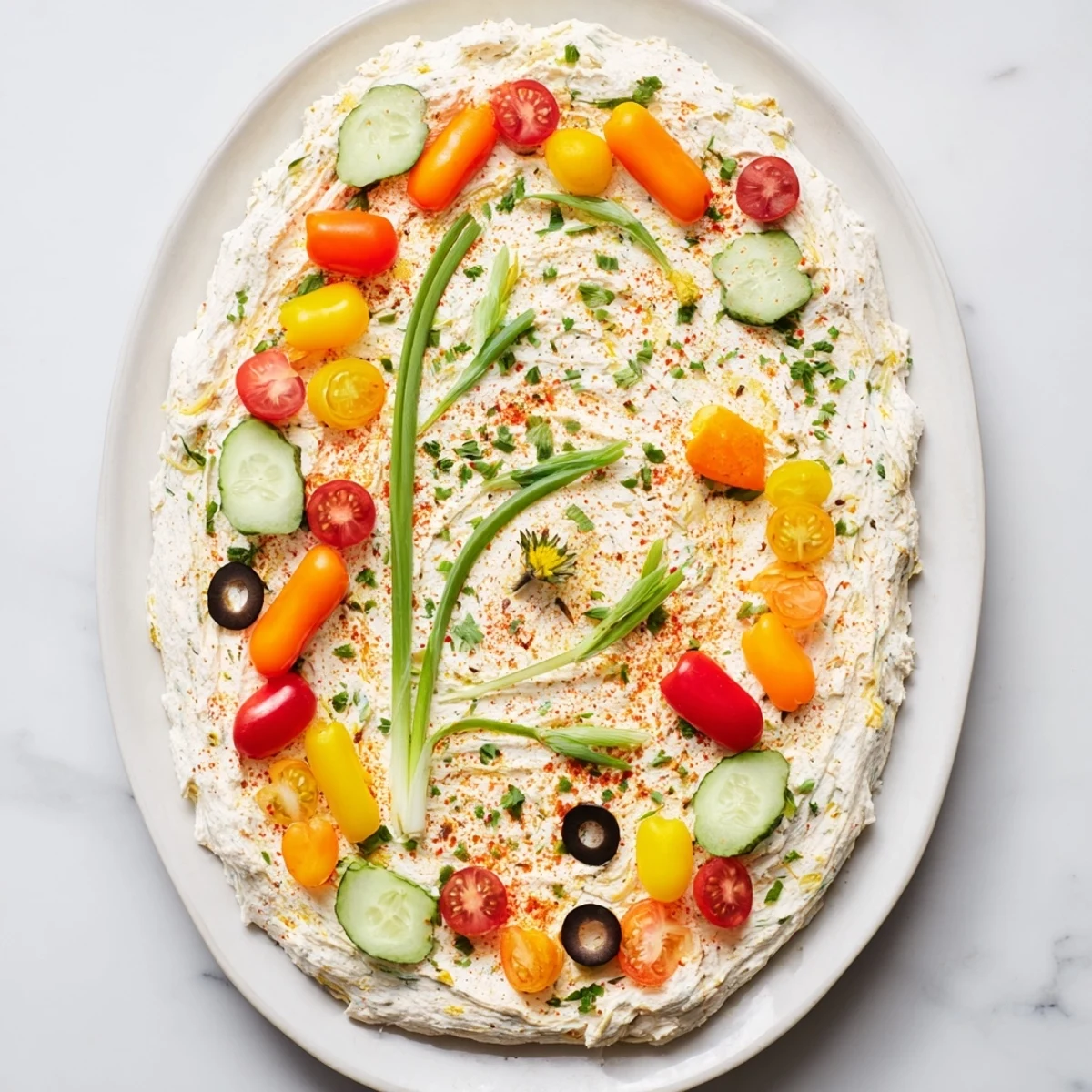 A colorful Christmas Lights Appetizer Spread, served with crackers and fresh veggies, ready for guests.