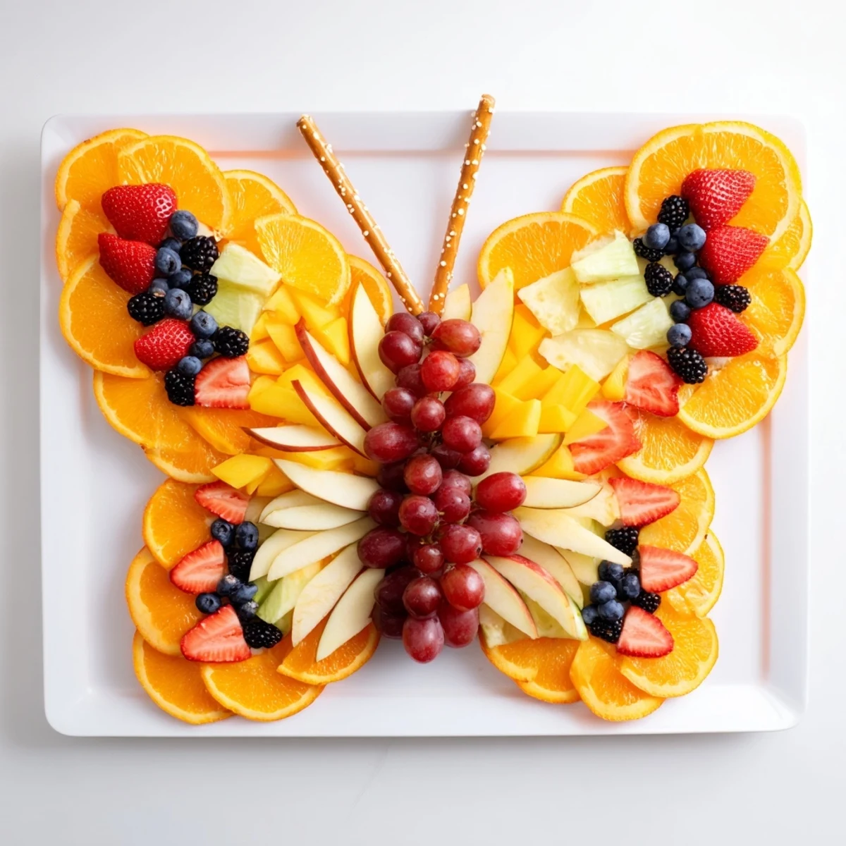 A colorful Monarch Magic Fruit Butterfly Tray, bursting with fresh berries and citrus, ready to enjoy.