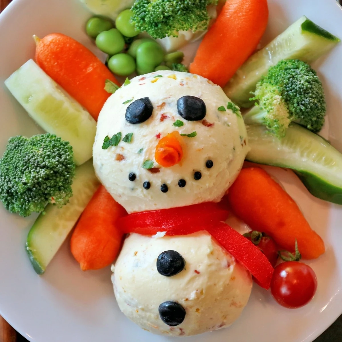 Creamy snowman veggie dip platter, a festive appetizer loaded with colorful, fresh vegetables ready to serve.