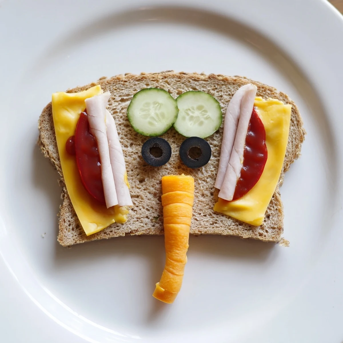 Elephant sandwiches, creatively cut with olive eyes and a carrot trunk, ready to be enjoyed.