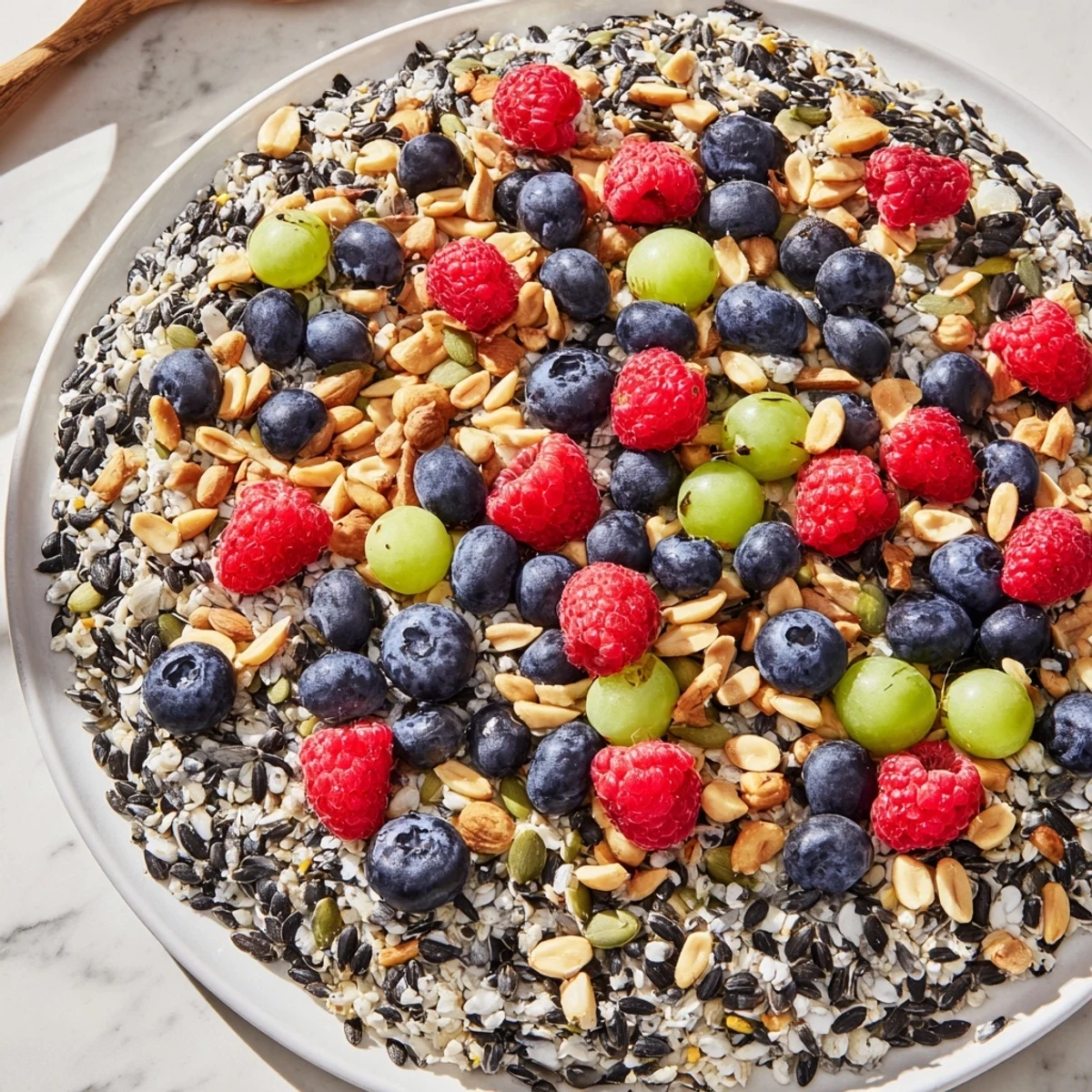 This appealing, textured Singing Bird Seed & Berry Platter is piled high with seeds and fruit.