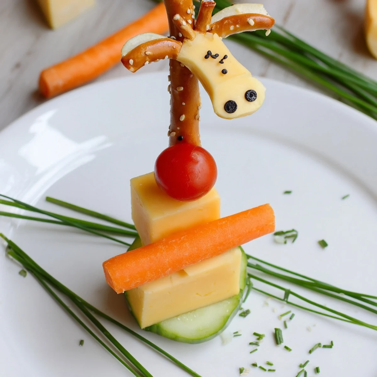 Vibrant Long-Necked Giraffe Snack Towers with apple ears and sesame seed spots; a fun party treat.