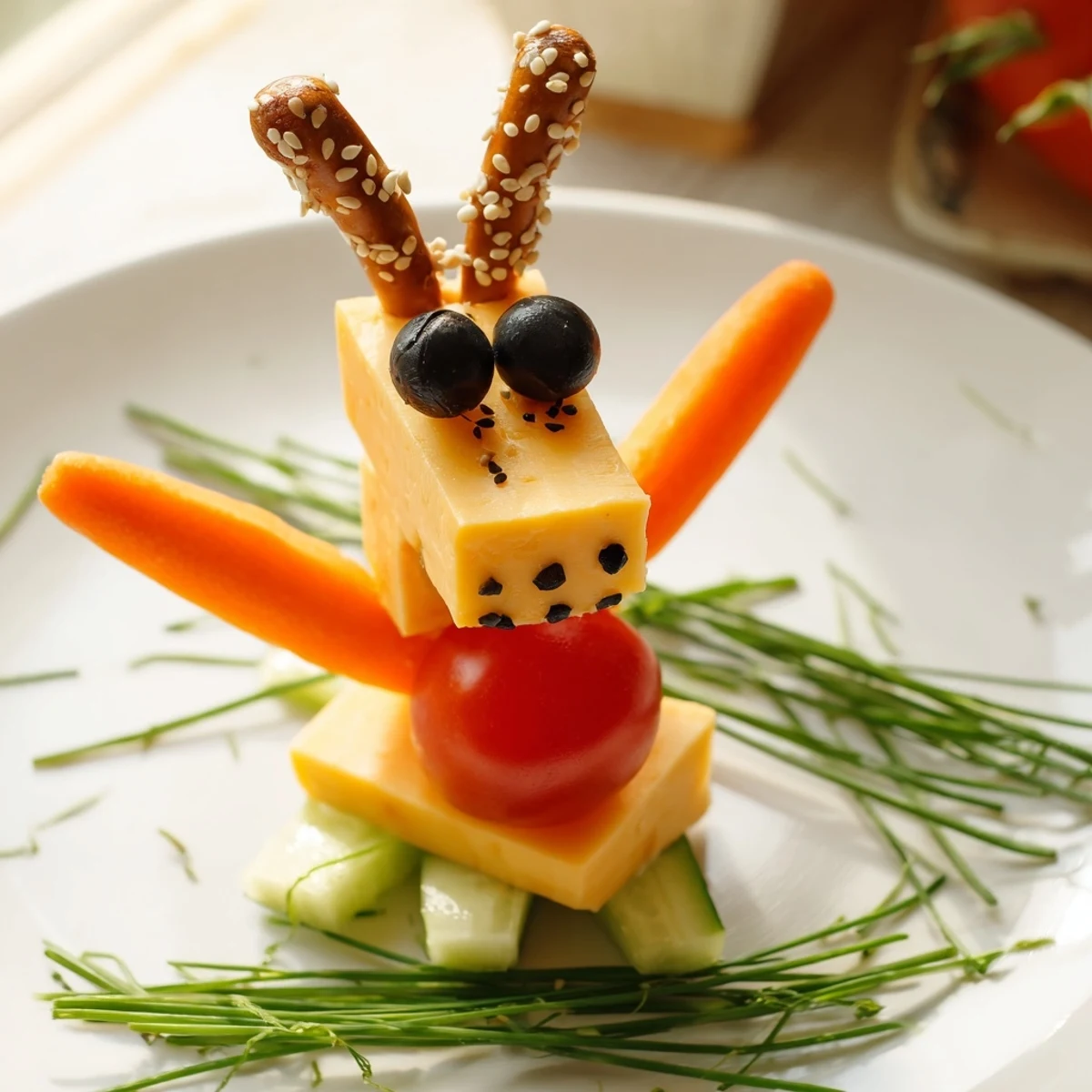 A playful Long-Necked Giraffe Snack Tower featuring cheese, veggies, and pretzels, ready to eat!