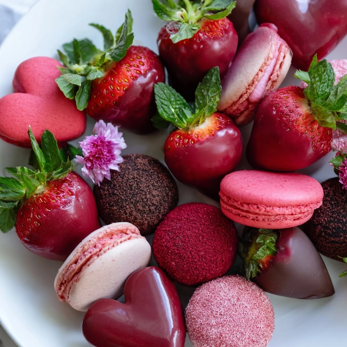 Sweetheart Valentines Day Board with vibrant red berries, heart chocolates, and sweet pastries for a romantic treat.