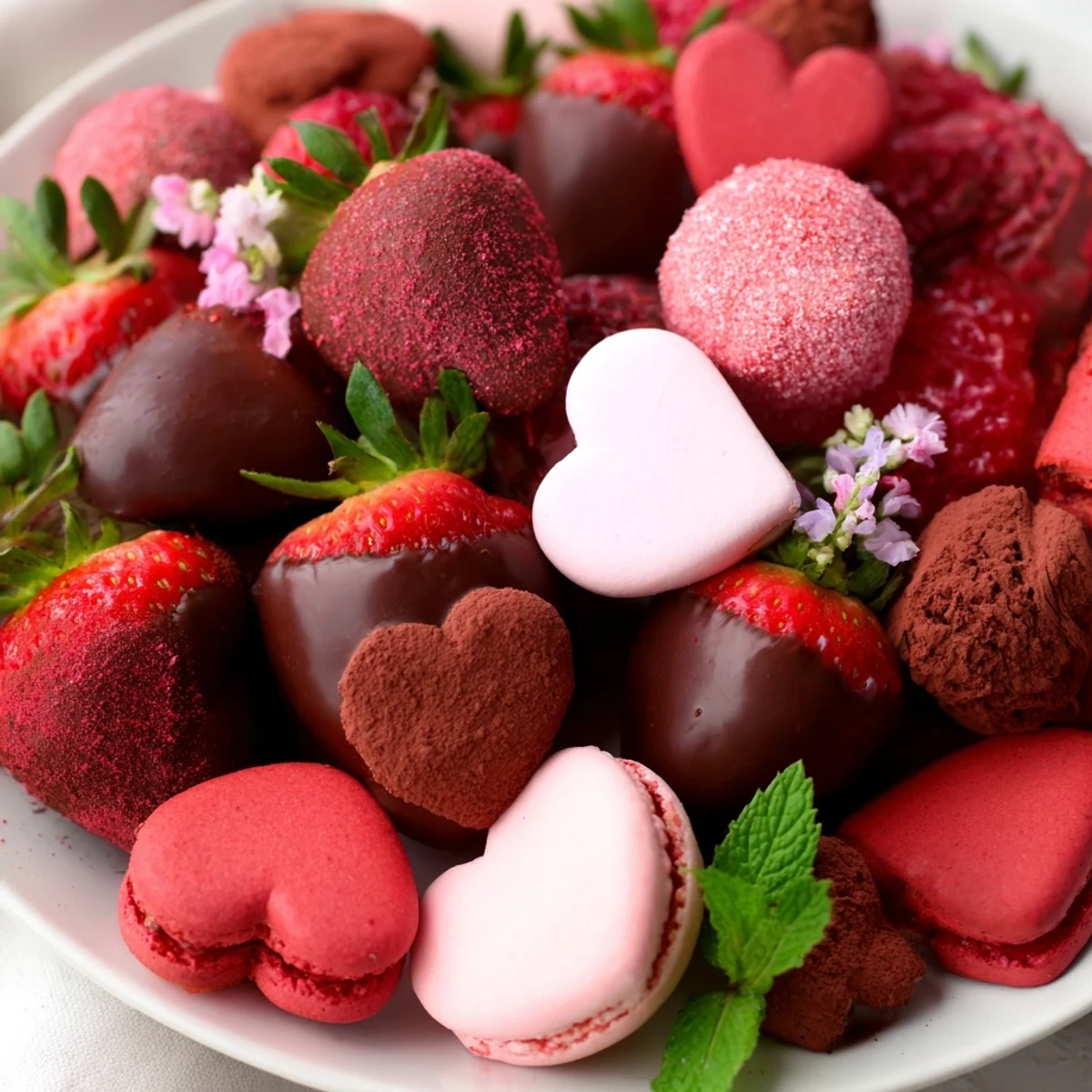 A Sweetheart Valentines Day Board overflowing with luscious fruit, heart-shaped sweets, and creamy cheeses for sharing.