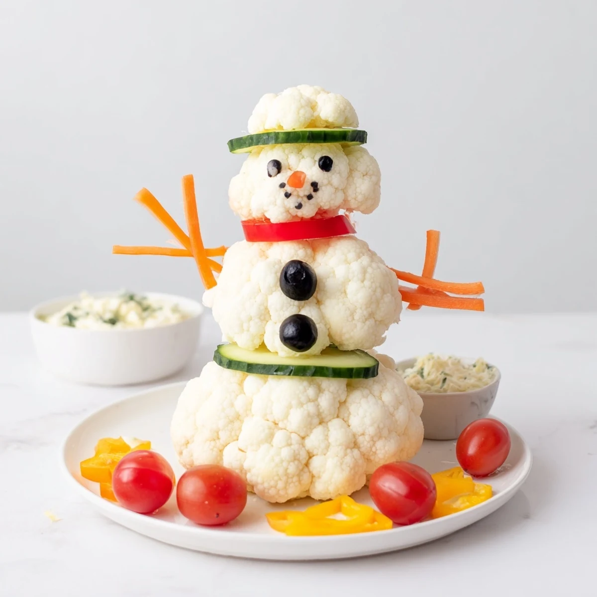 Crisp, colorful Snowman Crudités with a creamy herb dip, a fun and healthy appetizer, ready to enjoy.