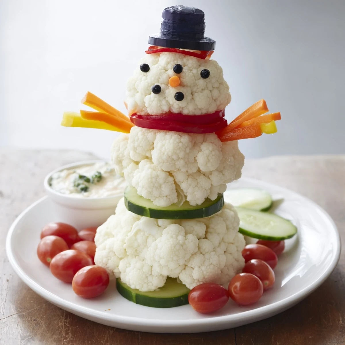See a festive platter of Snowman Crudités, a healthy appetizer, with vibrant veggies and a tasty dip.