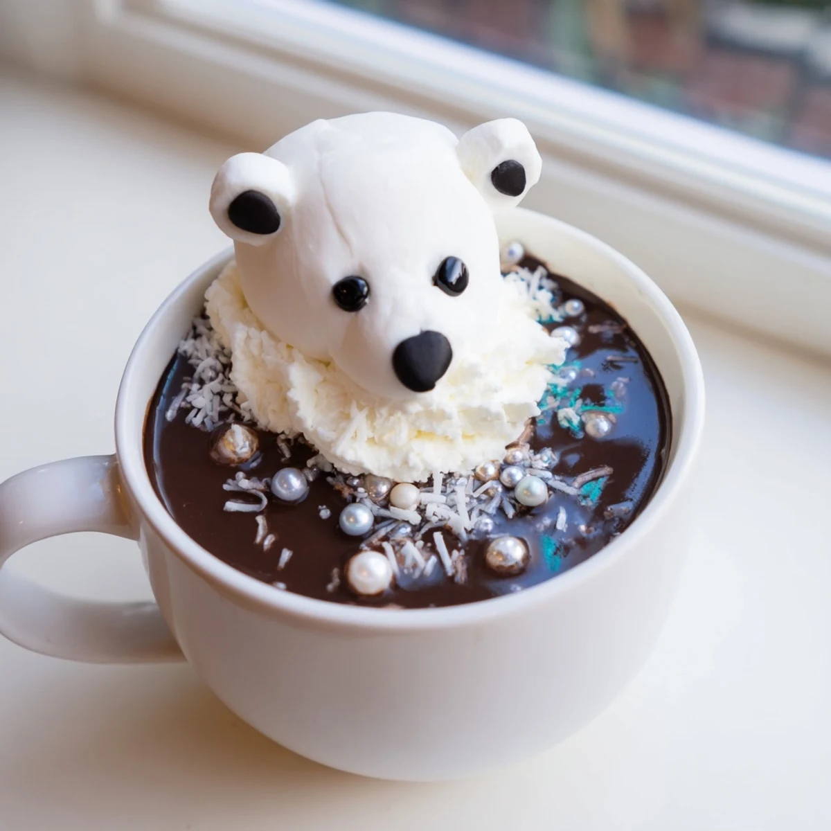 Steaming Polar Bear Hot Chocolate Platter, featuring whipped cream snowdrifts and adorable marshmallow bears.