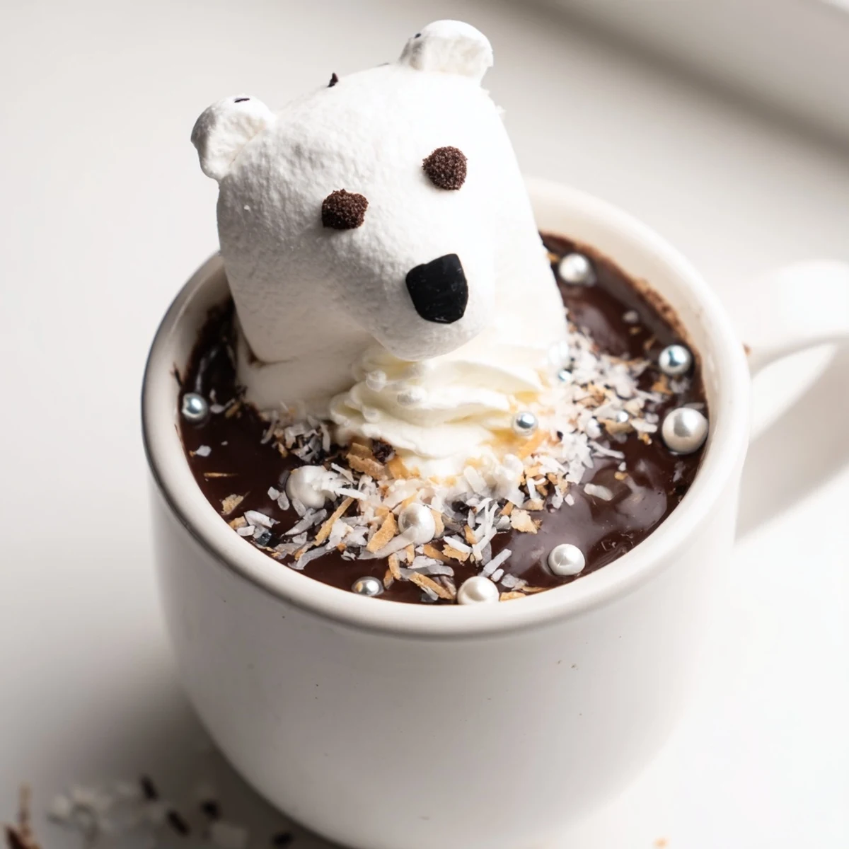 Enjoy this festive Polar Bear Hot Chocolate Platter, visually stunning with white chocolate bear faces and treats.