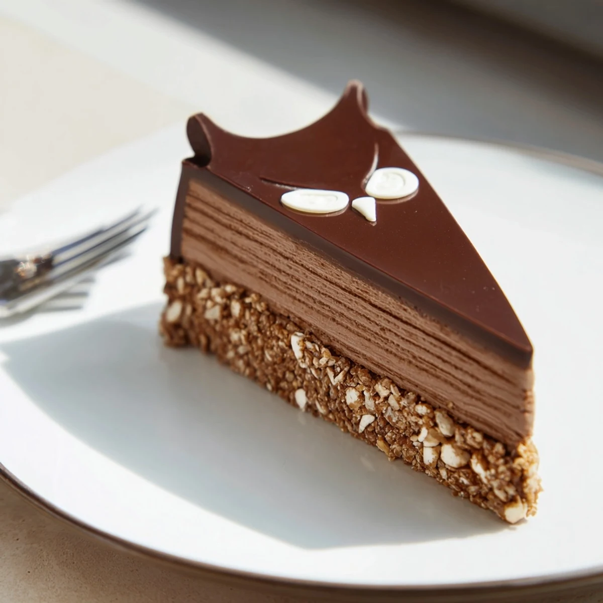 A slice of Plaisirs Sucrés Hibou de la Nuit: layers of decadent chocolate mousse and hazelnut.