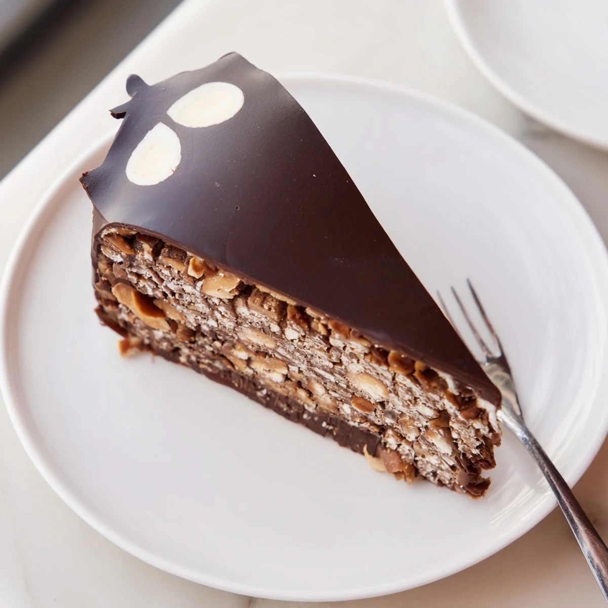 This elegant Plaisirs Sucrés Hibou de la Nuit entremets features a glossy chocolate glaze, ready to serve.