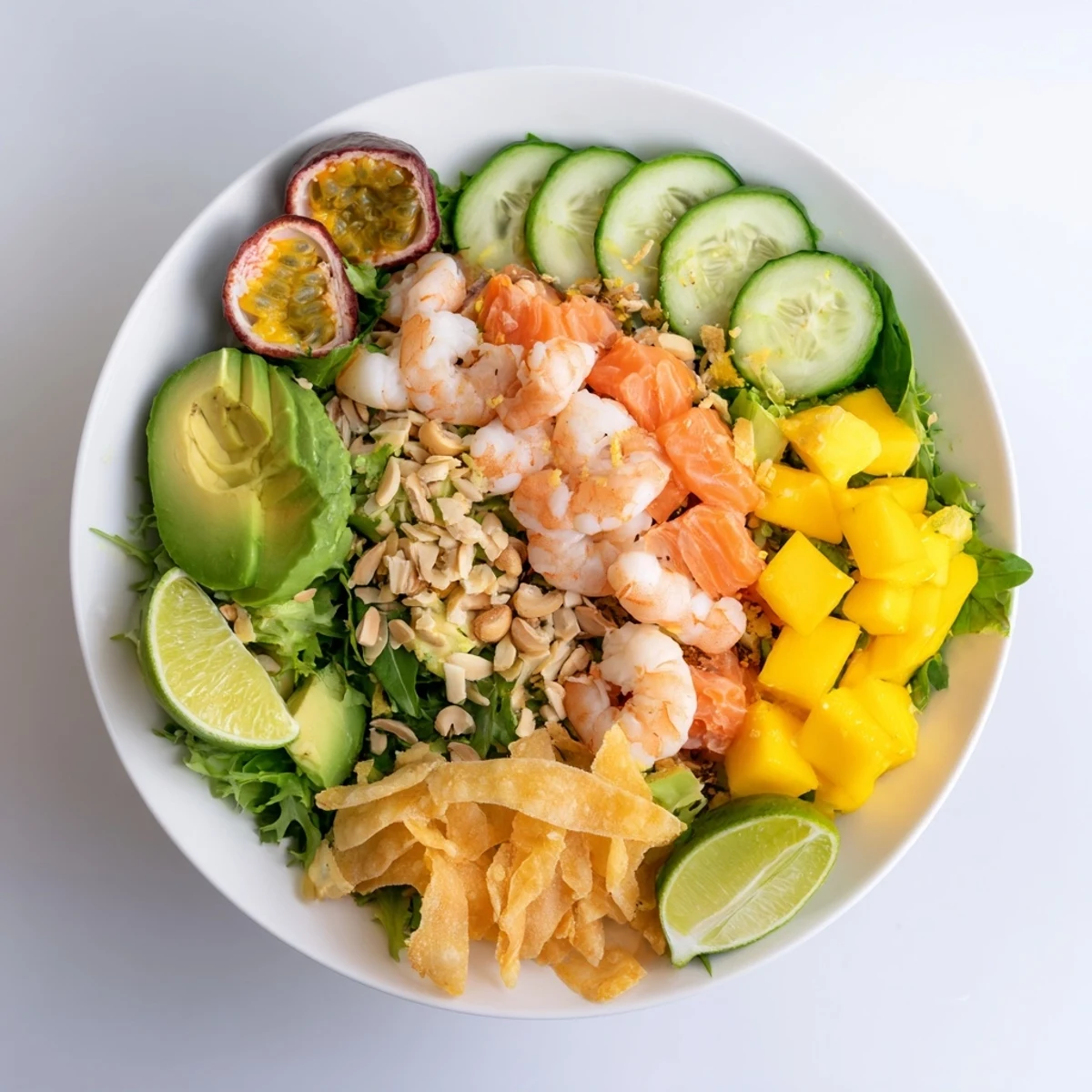 A colorful Tropical Wave Tasting Platter: a feast of fresh fruits and seafood ready to enjoy.