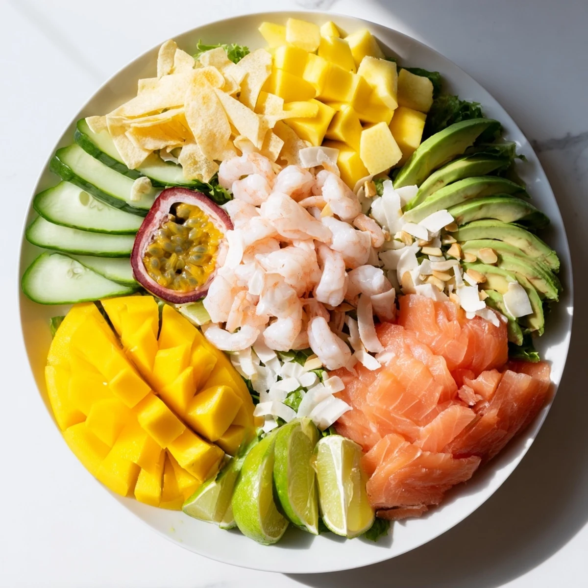 Delectable Tropical Wave Tasting Platter showcasing shrimp, mango, and coconut alongside flavorful dipping sauces.