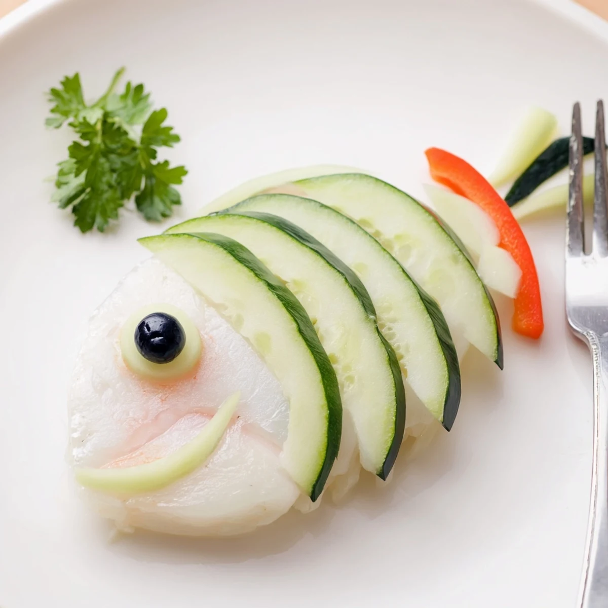 Flavorful light fish-shaped meal with vibrant vegetable scales, ready for a healthy dinner.