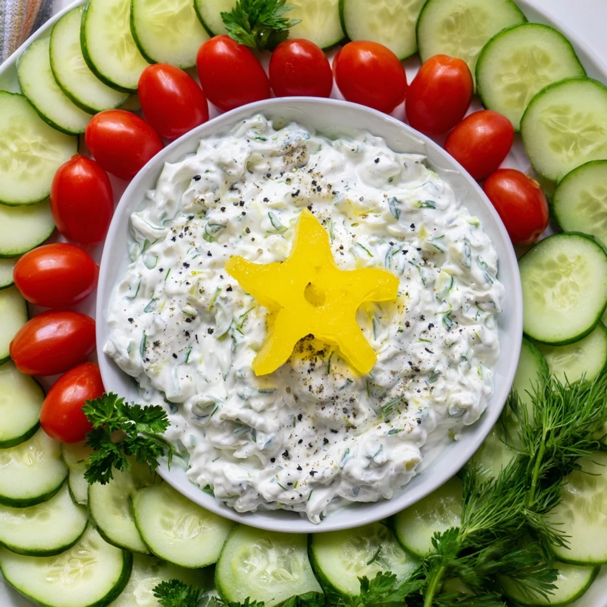 Festive Cucumber and Tomato Tree Dip Platter with vibrant red tomatoes and cool, green cucumbers.