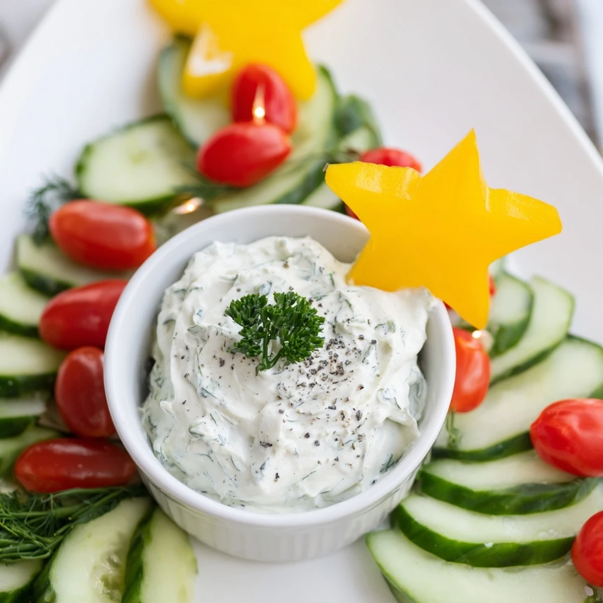 A close-up of a Cucumber and Tomato Tree Dip Platter, a healthy appetizer ready for your party guests.